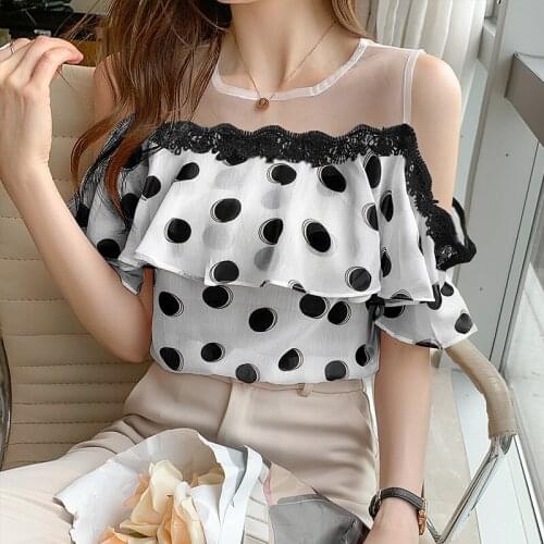 Womens Fashion Tops Polka Dot Printed Chiffon Shirts Woman Mesh Stitching Short Sleeve Ruffle Off-the-shoulder Tops