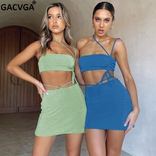GACVGA Drawstring Ruched Sexy Bandage Dress Sets 2021 Fashion Outfits Summer Party Lace Up Crop Top and Skirts Two Piece Set