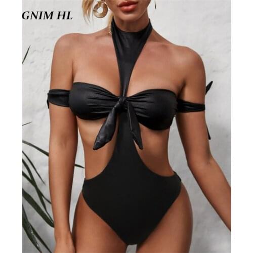 GNIM PU Leather Bikini Swimwear Women 2020 Sexy Bow Bathing Suit Women One Piece Backless Black Bandage Brazilian Swimsuit New