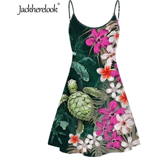 Jackherelook Hawaii Turtle Polynesian Hibiscus Plumeria Print Summer Boho Dresses Womens Spaghetti Strap Dress Beach Sundress