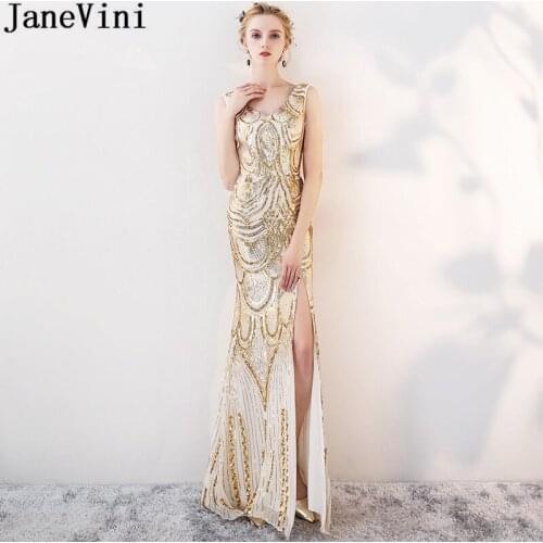 JaneVini Sparkly Gold Sequins Ladies Formal Dress V-Neck Bling Mother Of The Bride Dresses Sleeveless Split Long Dinner Gown
