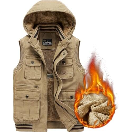 Fur Hood Sleeveless Vest Men Fleece Warm Jacket Waistcoat Travel Multi Pocket Quality Tactical Military Style Casual Thick Male