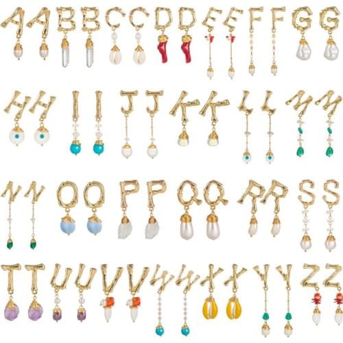The Golden 26 Alphabet Letters Shells Stones Pearls Lady`s Fashion Drop Earrings