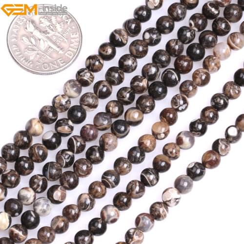 Gem-inside Natural Round Dark Brown Turritella Agate Stone Beads for Jewelry Making 15inches DIY Christmas Jewellery