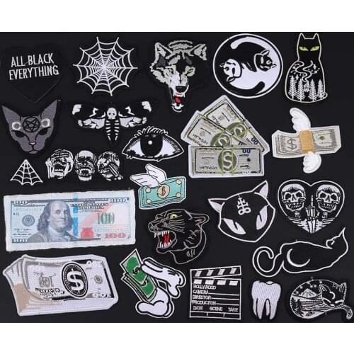 Black and white Clothe Embroidery Punk Patch Applique Ironing Clothing Sewing Supplies Decorative Badges Patches For Clothing
