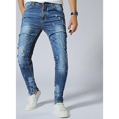 Elasticity Men Pencil Jeans Solid Color Straight Classic Hole Denim Pants Casual Daily For Office Parties Male Slim Fit Cowboy T