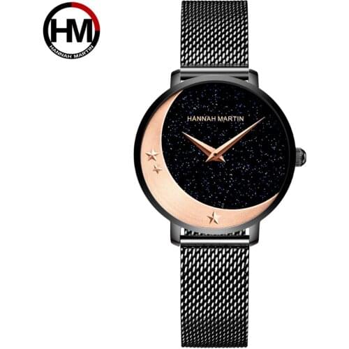 HM Japan MIYOTA 2035 Quartz Movement Watches Stainless Steel Waterproof Band Moon Stars Night Flash Wristwatch for Women HM02