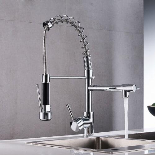 Chrome Spring Kitchen Faucet Pull Out Side Sprayer Dual Spout Single Handle Mixer Tap Sink Faucet 360 Rotation Kitchen Faucets