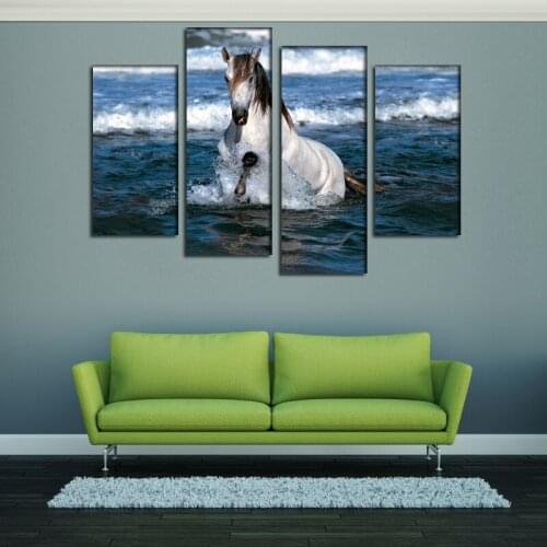 2016 New 4 Panels horse jump water sea oil painting For home Wall Art Picture Unframed gift free shipping