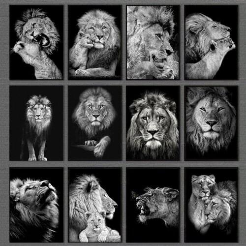 Black White Animals Art Lions Oil Painting Canvas Art Posters and Prints Wall Pictures for Living Room Home Wall Cuadros Decor
