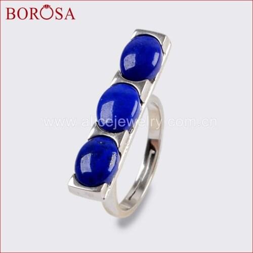BOROSA 5PCS 925 Pure Silver Color Rings Three Oval Natural Lapis Lazuli Bezel Ring Gems Jewelry for Women Girls ZS0297