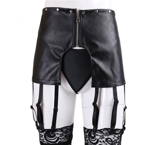 Gothic Faux Leather Studded Bondage Front Open Garter Belt with 6 Suspender Straps and Thong Underwear Set Fetish Punk Costume