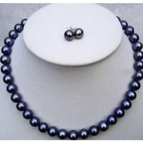 BEAUTIFUL 8-9mm south sea black pearl necklace 18 inches + earrings