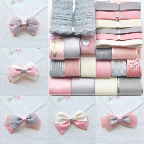 ZY DIY Pink Grey Ribbon MIXed 22 styles satin cartoon hairbow Variety Printing Crochet Lace Checked Polka Dot Flower DIY