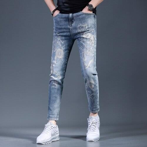 Summer Mens Fashion Printed Blue Jeans Casual Thin Slim Fit Ankle-Length Pants