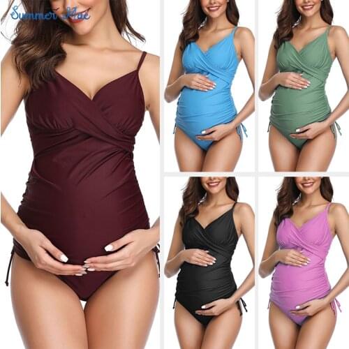 Summer Solid Womens Maternity Swimsuit Retro Plum Wrap Front Tankini