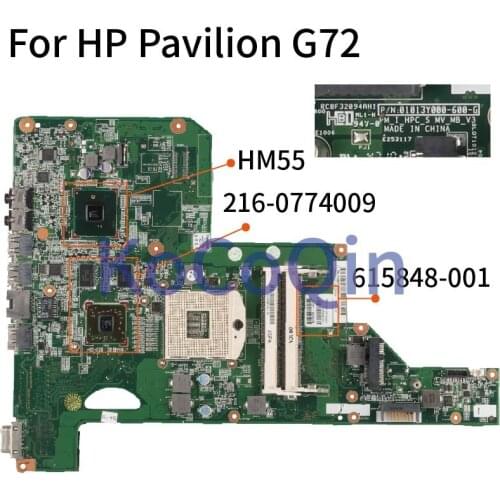 KoCoQin laptop Motherboard For HP Pavilion G72 615848-001 615848-501 01013Y000-600-G HM55 216-0774009 DDR3 Mainboard