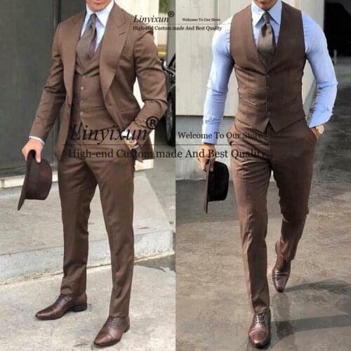 Brown Mens Suit Peak Lapel Business Formal Wedding Prom Dinner 3 pieces (Jacket & Pant & Vest) Customize Mens Custom suits