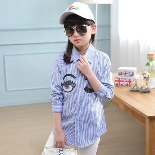 Girls Clothes 4-14 Y Spring Autumn Long Sleeve Turn-down Collar Striped Shirt Fashion Korean Style Big Eyes Pattern Blouses