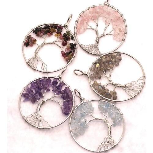 Wholesale mixed crystal Stone Tree Of Life Pendant natural tiger eye lapis lazuli agates pendant 1PCS with chain