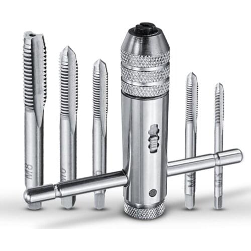 5PCS/Set Adjustable M3-M8 T-Handle Ratchet Tap Wrench Machinist Tool Reversion With 1PCS Screw Tap