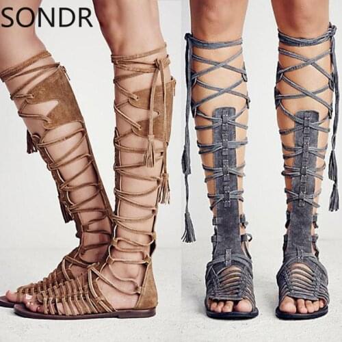 Knee High Sandals Flats Lace Up Tassels Strappy Gladiators Roman Shoes Retro Women 100% Real Leather Hollow Out Summer 3Colors