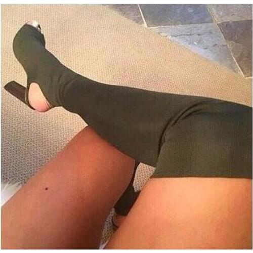 Hot Selling Women Fashion Stretch Thick Heel Over Knee High Heel Boots Slim Style Formal Dress Sexy Bandage Boots