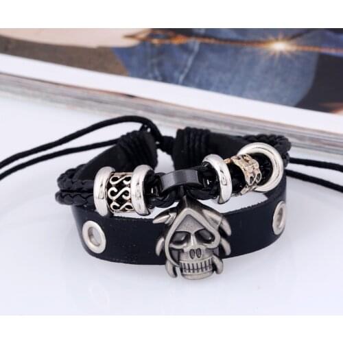 Vintage Retro Rivet Punk Cool Hip Hop Accessorie Bracelet Handmade Cowhide Skull Skeleton Viking Cuff Braid Bangles
