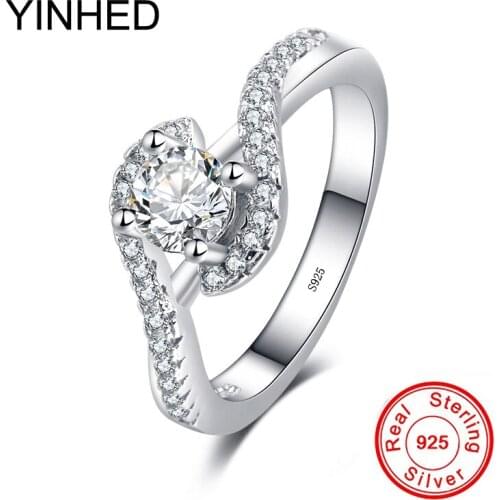 YINHED Elegant Women Wedding Band Ring Real 925 Sterling Silver Jewelry Sparkling Perfect Round Zircon CZ Solitaire Ring ZR477