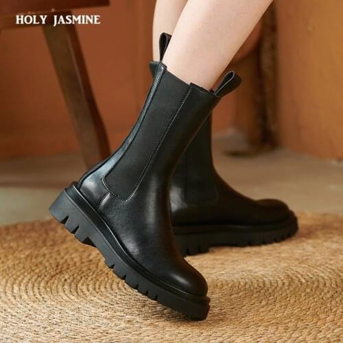 Women Short Boots Fashion Platform Genuine Leather Thick Heel Winter Shoe Woman Warm Elastic Casual Lady Footwear Size 34-41