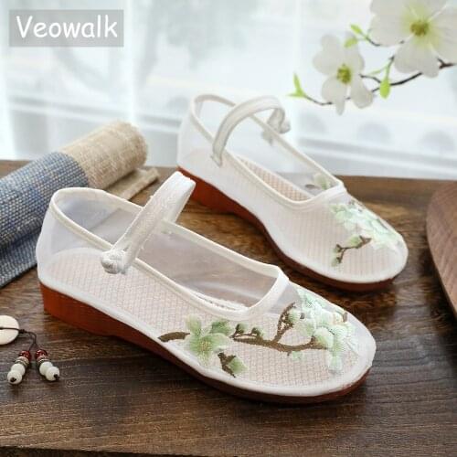 Veowalk Summer Women Gauze Mesh Embroidered Ballet Flats Breathable Comfortable Ballerinas Non-Slip Ladies Walking Shoes