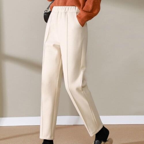 Womens Harem Pants Winter Thick Trousers Casual Elastic Waist Woolen Velvet Office Lady Trouser with Pocket Loose Straight Pants