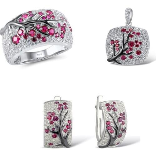 Romantic wedding Jewelry Sets for Women Shiny Red Zircon Leaves Branch 925 silver Necklace+Ring+Earrings Unique Female Gift