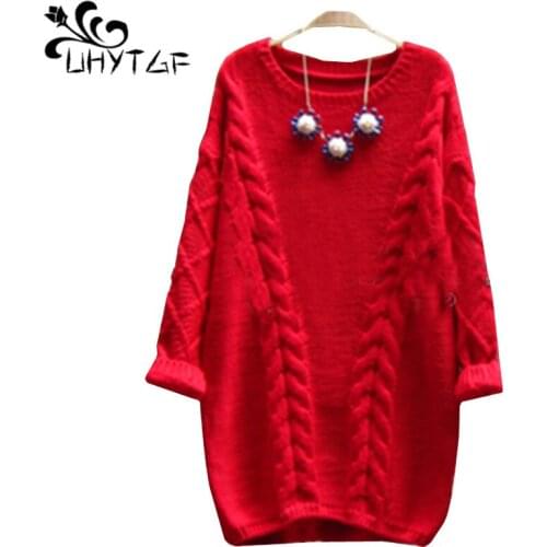 UHYTGF knitted sweater women long sleeve round neck pullover elastic warm Autumn winter sweater fashion twist plus size top 1345