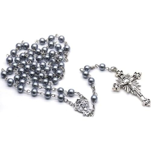 QIGO Antique Cross Rosary Necklace Long Pearl Strand Women Necklace Religious Catholic Jewelry Gifts