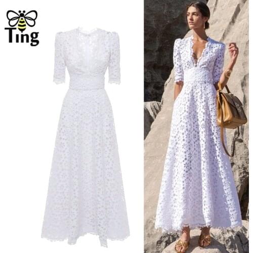 Tingfly Designer Runway Long Party Dinner White Dresses Women High Quality Hollow Cut Out Vogue Elegant Robes Celebrity Elbise