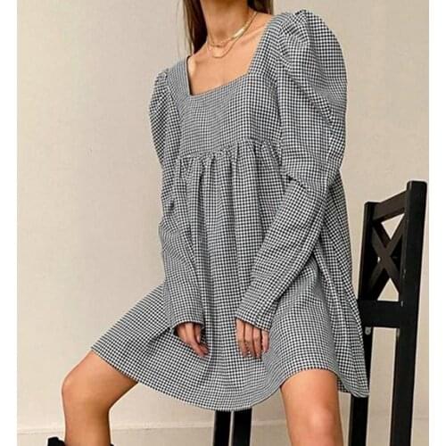 Unique Black White Plaid Female Autumn Casual Mini Dress Puff Sleeve Square Neck Elegant Ladies Vintage A Line Women Dresses2021
