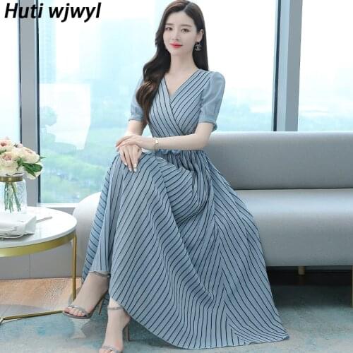 Plus Size Vintage Striped Runway Maxi Dress Women Elegant Bodycon Party Midi Vestidos 2021 Spring Summer Chiffon Beach Sundress