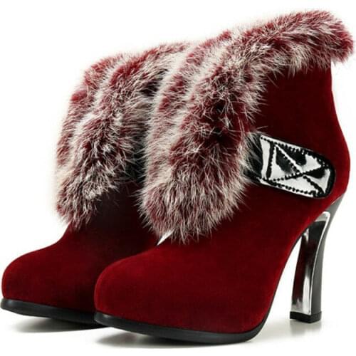 Winter Women Fashion Ankle Boots High Heels Shoes Warm Suede Faux Fur Shoes New Plus Size