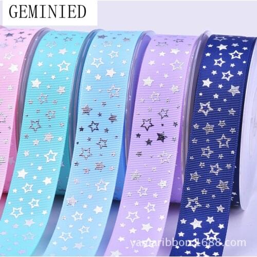 25mm Hologram Gold Foil Star Pattern Printed Solid Color Grosgrain Ribbon DIY Wedding Party Decor 100yards/roll Hair Bowknots