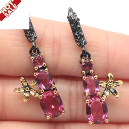 39x13mm Neo-Gothic Vintage Style Created Pink Tourmaline Smokey Topaz For Women Cool Black Gold Silver Earring Daily Wear
