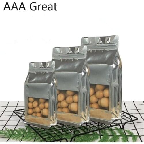 50Pcs/Lot Aluminum Foil Bag Coffee Food Standing Storage Packaging Bag Plastic Zipper Bags Eight Sided Bag With Window Pouches