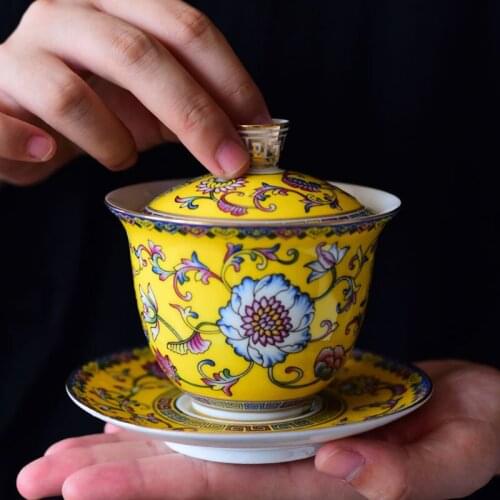 60ml Ceramic Tea Set Tureens Flower Enamel Porcelain Gaiwan Teacup Kung Fu Tea Bowl Hand Painted Teapot Puer Kettle Tea Ceremony