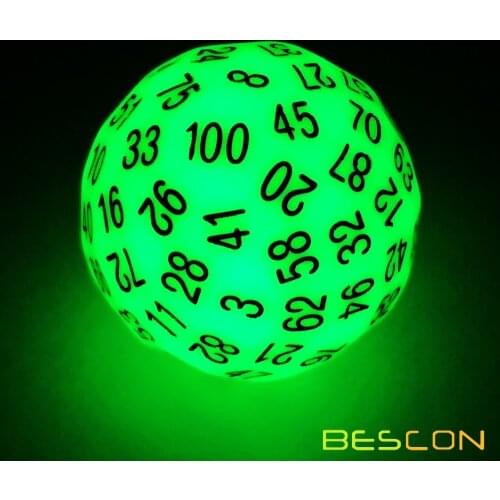 Bescon Super Jade Glow in Dark Polyhedral Dice 100 Sides, Luminous D100 die, 100 Sided Cube, Glowing D100 Game Dice