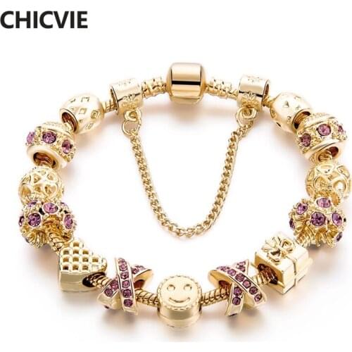 CHICVIE Romantic Gold Color Charm Bracelets & Bangles Purple Crystal Smile face Beaded Women Bracelet Brand Jewelry SBR160131