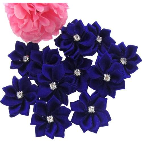 12pcs 1" satin ribbon flowers white rhinestone appliques artificial flowers for craft sewing wedding decoration 2.8cm