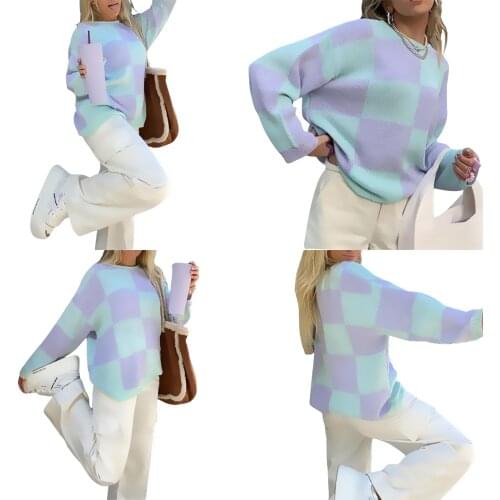 Breathable Girls Long Sleeve Knitwear, Autumn Winter Ladies Double Color Plaid Round Collar Loose Knitted Tops Casual Sweater