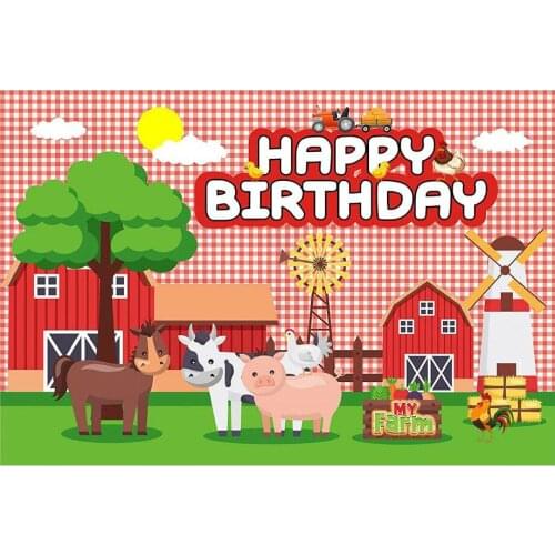 Cartoon Farm with Red Plaid Animals Backdrop Photography Background Celebration Photo Booth Studio Decor