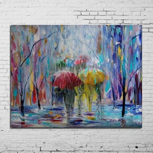 Art Handpainted Painting Landscape Painting on Canvas Fine Home Decor of Umbrellas Painting Rain Cityscape Oil Painting No Frame