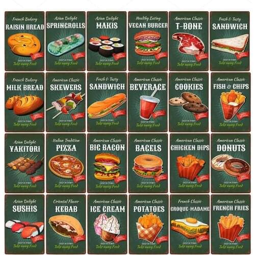 Burger Pizza Sandwich Metal Tin Sign Board Fast Food Restaurant Poster Sushi Fries Retro Plaque Pub Bar Kitchen Restaurant Decor